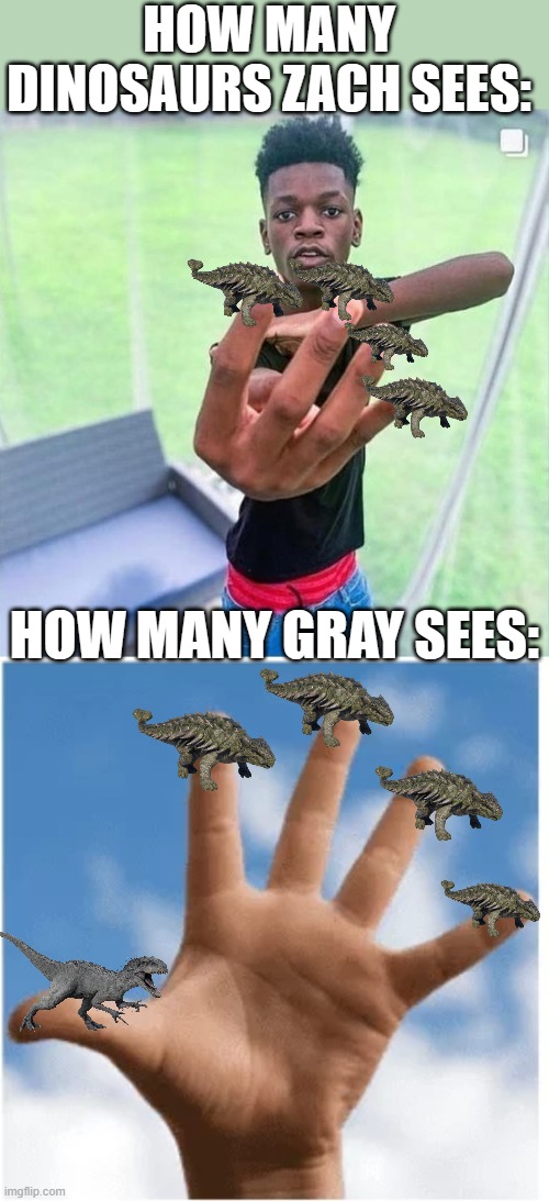 Jurassic World meme | HOW MANY DINOSAURS ZACH SEES:; HOW MANY GRAY SEES: | image tagged in guy holding up 4,five fingers,jurassic world | made w/ Imgflip meme maker