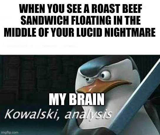 Floating roast beef sandwich? In my nightmares? | WHEN YOU SEE A ROAST BEEF SANDWICH FLOATING IN THE MIDDLE OF YOUR LUCID NIGHTMARE; MY BRAIN | image tagged in kowalski analysis | made w/ Imgflip meme maker