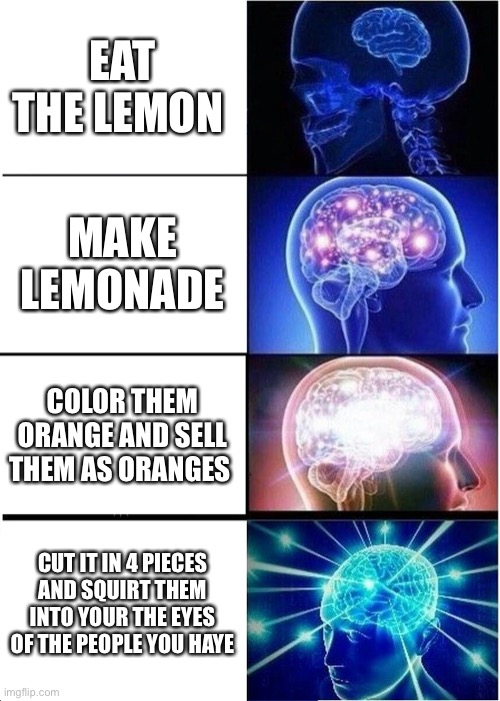 When life gives you lemons… | EAT THE LEMON; MAKE LEMONADE; COLOR THEM ORANGE AND SELL THEM AS ORANGES; CUT IT IN 4 PIECES AND SQUIRT THEM INTO YOUR THE EYES OF THE PEOPLE YOU HATE | image tagged in memes,expanding brain,lemons | made w/ Imgflip meme maker