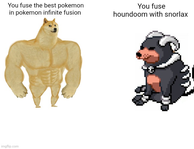 Pokemon infinite fusion meme | You fuse the best pokemon in pokemon infinite fusion; You fuse houndoom with snorlax | image tagged in pokemon,infinite fusion,pokemon infinite fusion,houndoom,snorlax | made w/ Imgflip meme maker