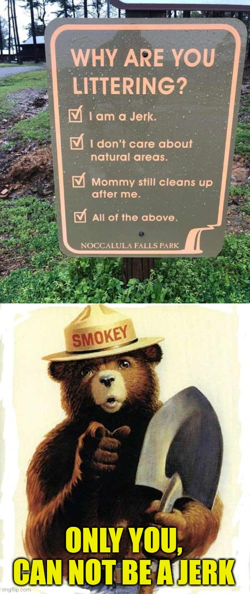 Truthful Sign | ONLY YOU, CAN NOT BE A JERK | image tagged in smokey the bear,funny signs,park,littering,jerks | made w/ Imgflip meme maker