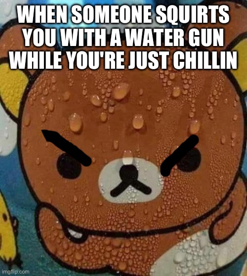 Angery | WHEN SOMEONE SQUIRTS YOU WITH A WATER GUN WHILE YOU'RE JUST CHILLIN | image tagged in wet,guns,chill | made w/ Imgflip meme maker