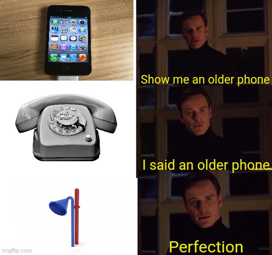 Can we any older for phones? | Show me an older phone; I said an older phone; Perfection | image tagged in perfection,phone,iphone,childhood,so true,funny | made w/ Imgflip meme maker