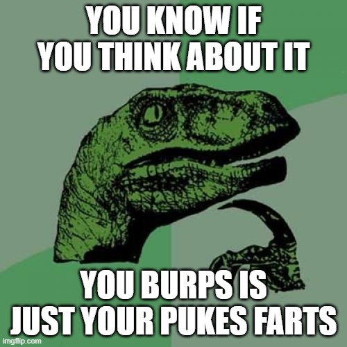 think about it | YOU KNOW IF YOU THINK ABOUT IT; YOU BURPS IS JUST YOUR PUKES FARTS | image tagged in memes,philosoraptor | made w/ Imgflip meme maker
