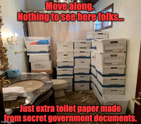 Trumps Files | Move along. 
Nothing to see here folks... Just extra toilet paper made from secret government documents. | image tagged in trump,secret | made w/ Imgflip meme maker