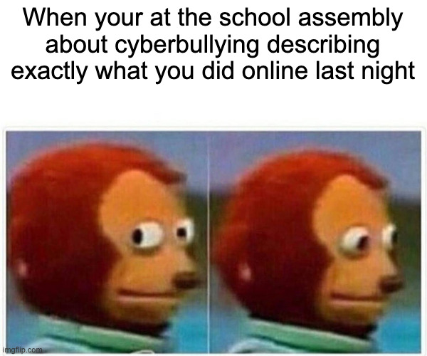 . | When your at the school assembly about cyberbullying describing exactly what you did online last night | image tagged in memes,monkey puppet | made w/ Imgflip meme maker