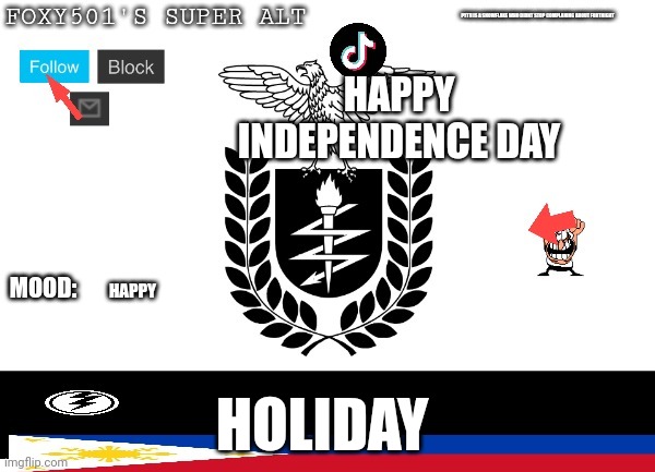 Foxy_501s_super_alt announcement | HAPPY INDEPENDENCE DAY; HAPPY; HOLIDAY | image tagged in foxy_501s_super_alt announcement | made w/ Imgflip meme maker