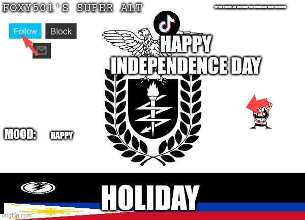 HAPPY INDEPENDENCE DAY; HAPPY; HOLIDAY | image tagged in foxy_501s_super_alt announcement | made w/ Imgflip meme maker