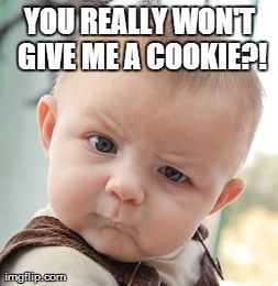 Skeptical Baby | YOU REALLY WON'T GIVE ME A COOKIE?! | image tagged in memes,skeptical baby | made w/ Imgflip meme maker