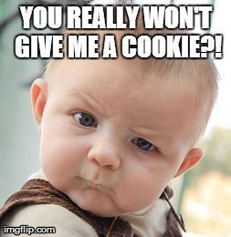Skeptical Baby Meme | YOU REALLY WON'T GIVE ME A COOKIE?! | image tagged in memes,skeptical baby | made w/ Imgflip meme maker
