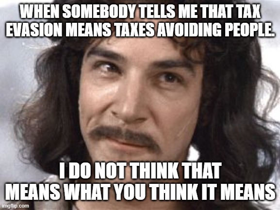 taxevasion = Clever title | WHEN SOMEBODY TELLS ME THAT TAX EVASION MEANS TAXES AVOIDING PEOPLE. I DO NOT THINK THAT MEANS WHAT YOU THINK IT MEANS | image tagged in i do not think that means what you think it means,taxes | made w/ Imgflip meme maker