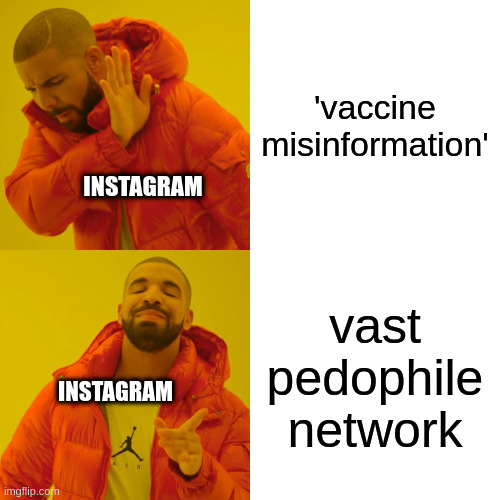 Pedogram | 'vaccine misinformation'; INSTAGRAM; vast pedophile network; INSTAGRAM | image tagged in memes,drake hotline bling | made w/ Imgflip meme maker