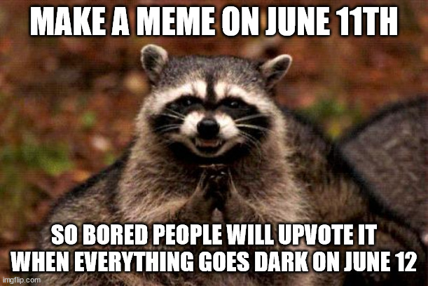 Evil Plotting Raccoon | MAKE A MEME ON JUNE 11TH; SO BORED PEOPLE WILL UPVOTE IT WHEN EVERYTHING GOES DARK ON JUNE 12 | image tagged in memes,evil plotting raccoon,AdviceAnimals | made w/ Imgflip meme maker