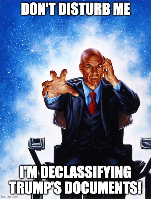 Charles Xavier Professor X | DON'T DISTURB ME; I'M DECLASSIFYING TRUMP'S DOCUMENTS! | image tagged in charles xavier professor x,donald trump,xavier declassifying trump's documents | made w/ Imgflip meme maker