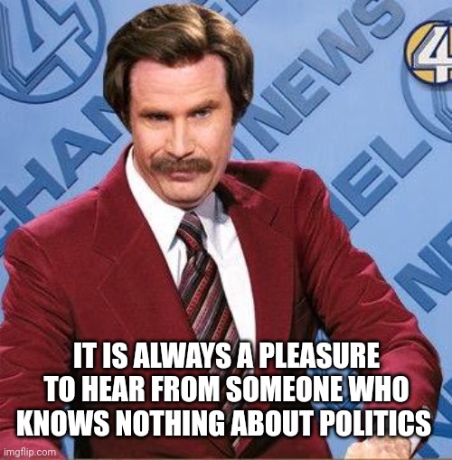 Stay Classy | IT IS ALWAYS A PLEASURE TO HEAR FROM SOMEONE WHO KNOWS NOTHING ABOUT POLITICS | image tagged in stay classy | made w/ Imgflip meme maker