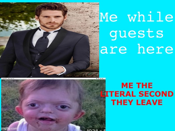 Facts | Me while guests are here; ME THE LITERAL SECOND THEY LEAVE | image tagged in relatable | made w/ Imgflip meme maker