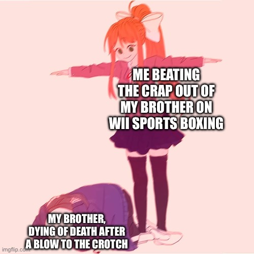 Anyone else relate? | ME BEATING THE CRAP OUT OF MY BROTHER ON WII SPORTS BOXING; MY BROTHER, DYING OF DEATH AFTER A BLOW TO THE CROTCH | image tagged in monika t-posing on sans | made w/ Imgflip meme maker