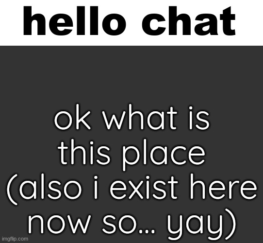 hello chat; ok what is this place (also i exist here now so... yay) | image tagged in blank white template | made w/ Imgflip meme maker