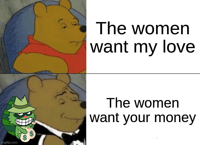 money | The women want my love; The women want your money | image tagged in memes,tuxedo winnie the pooh | made w/ Imgflip meme maker