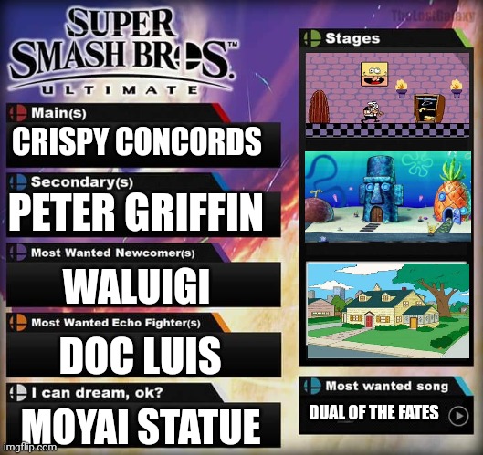 Smash Bros. Ultimate Hopes | CRISPY CONCORDS; PETER GRIFFIN; WALUIGI; DOC LUIS; DUAL OF THE FATES; MOYAI STATUE | image tagged in smash bros ultimate hopes | made w/ Imgflip meme maker