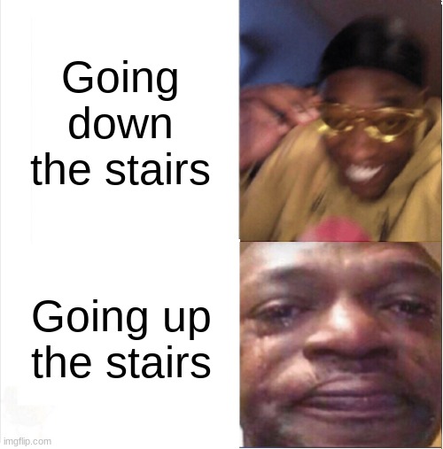 WHY IS IT SO TOUGH | Going down the stairs; Going up the stairs | image tagged in relatable | made w/ Imgflip meme maker