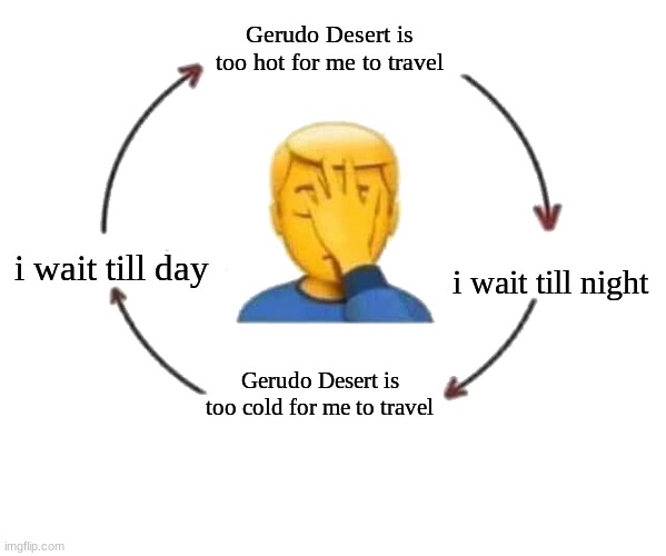 it sucks | Gerudo Desert is too hot for me to travel; i wait till night; i wait till day; Gerudo Desert is too cold for me to travel | image tagged in i meet someone we talk they leave | made w/ Imgflip meme maker