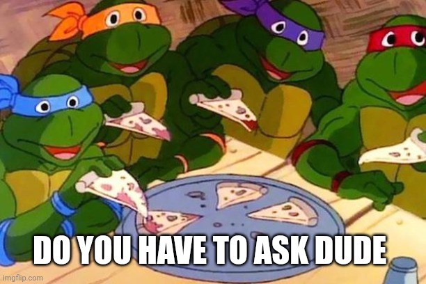 DO YOU HAVE TO ASK DUDE | image tagged in ninja turtles pizza | made w/ Imgflip meme maker