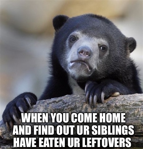 Confession Bear Meme | WHEN YOU COME HOME AND FIND OUT UR SIBLINGS HAVE EATEN UR LEFTOVERS | image tagged in memes,confession bear | made w/ Imgflip meme maker