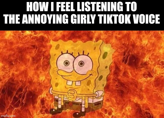 SpongeBob Sitting in Fire | HOW I FEEL LISTENING TO THE ANNOYING GIRLY TIKTOK VOICE | image tagged in spongebob sitting in fire | made w/ Imgflip meme maker