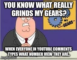 You know what really grinds my gears | YOU KNOW WHAT REALLY GRINDS MY GEARS? WHEN EVERYONE IN YOUTUBE COMMENTS TYPES WHAT NUMBER VIEW THEY ARE.. | image tagged in you know what really grinds my gears,AdviceAnimals | made w/ Imgflip meme maker