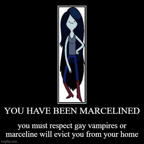 get marceline | YOU HAVE BEEN MARCELINED | you must respect gay vampires or marceline will evict you from your home | image tagged in funny,demotivationals,adventure time | made w/ Imgflip demotivational maker