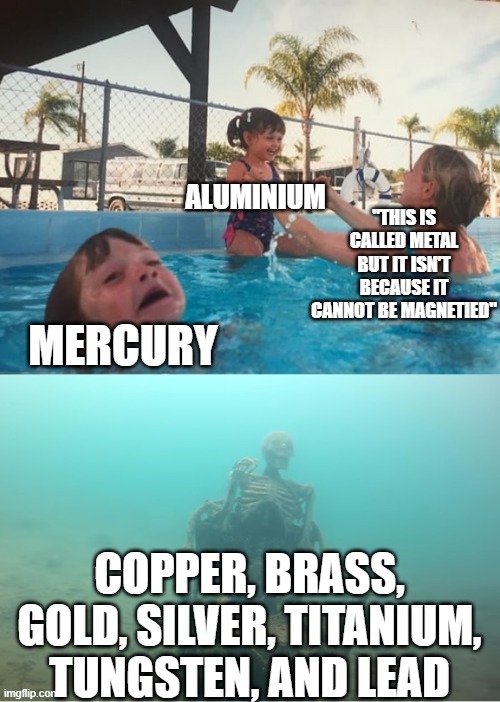 Swimming Pool Kids | ALUMINIUM; "THIS IS CALLED METAL BUT IT ISN'T BECAUSE IT CANNOT BE MAGNETIED"; MERCURY; COPPER, BRASS, GOLD, SILVER, TITANIUM, TUNGSTEN, AND LEAD | image tagged in swimming pool kids,physics,chemistry,science | made w/ Imgflip meme maker