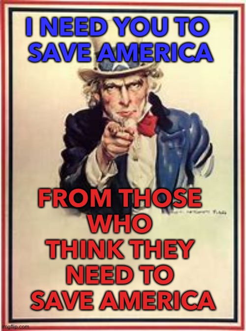 Save America | I NEED YOU TO 
SAVE AMERICA; FROM THOSE 
WHO 
THINK THEY 
NEED TO 
SAVE AMERICA | image tagged in uncle sam needs you | made w/ Imgflip meme maker