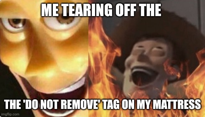 Penalty of law? Lol | ME TEARING OFF THE; THE 'DO NOT REMOVE' TAG ON MY MATTRESS | image tagged in satanic woody no spacing | made w/ Imgflip meme maker