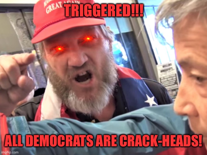 Angry Trump Supporter | TRIGGERED!!! ALL DEMOCRATS ARE CRACK-HEADS! | image tagged in angry trump supporter | made w/ Imgflip meme maker