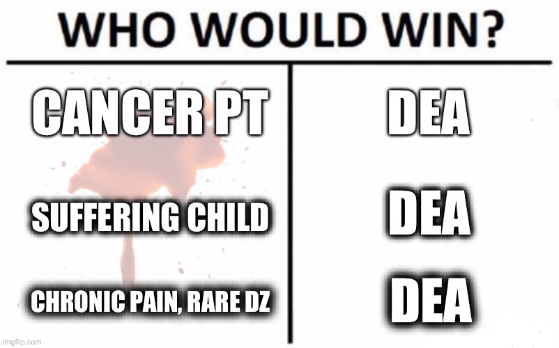 Who Would Win? Meme | CANCER PT; DEA; DEA; SUFFERING CHILD; DEA; CHRONIC PAIN, RARE DZ | image tagged in memes,who would win | made w/ Imgflip meme maker