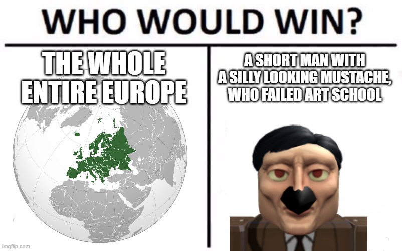 Who Would Win? | THE WHOLE ENTIRE EUROPE; A SHORT MAN WITH A SILLY LOOKING MUSTACHE, WHO FAILED ART SCHOOL | image tagged in memes,who would win,funny,world war 2 | made w/ Imgflip meme maker
