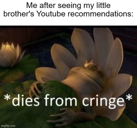 What are these recommendations | Me after seeing my little brother's Youtube recommendations: | image tagged in cringe,memes,relatable,little brother,scumbag youtube | made w/ Imgflip meme maker