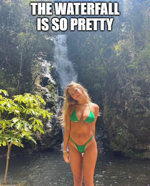 Waterfall | THE WATERFALL IS SO PRETTY | image tagged in boobs | made w/ Imgflip meme maker