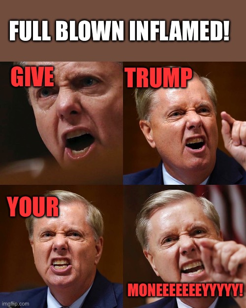 Lindsey Graham angry face | GIVE TRUMP YOUR MONEEEEEEEYYYYY! FULL BLOWN INFLAMED! | image tagged in lindsey graham angry face | made w/ Imgflip meme maker