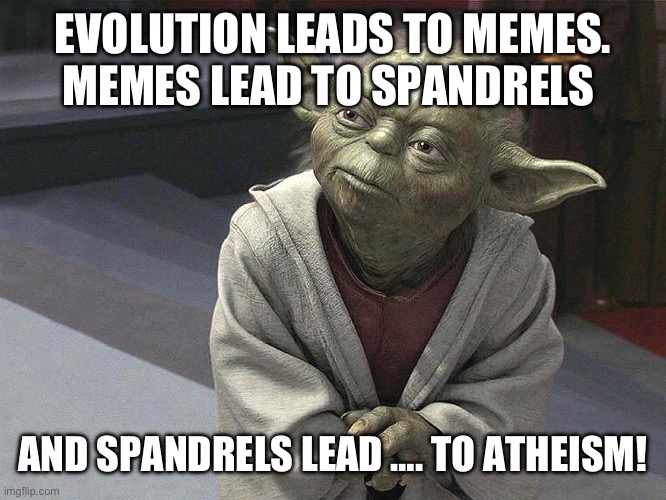 Fear leads to anger. Anger leads to hate. Hate leads to sufferin | EVOLUTION LEADS TO MEMES. MEMES LEAD TO SPANDRELS AND SPANDRELS LEAD …. TO ATHEISM! | image tagged in fear leads to anger anger leads to hate hate leads to sufferin | made w/ Imgflip meme maker