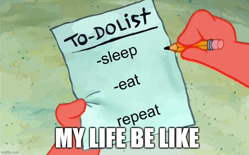 my life be like | -sleep; -eat; repeat; MY LIFE BE LIKE | image tagged in patrick to do list actually blank,life,my life,eating,sleep,paper | made w/ Imgflip meme maker
