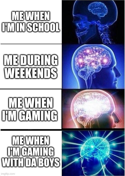 Brains | ME WHEN I'M IN SCHOOL; ME DURING WEEKENDS; ME WHEN I'M GAMING; ME WHEN I'M GAMING WITH DA BOYS | image tagged in memes,expanding brain | made w/ Imgflip meme maker