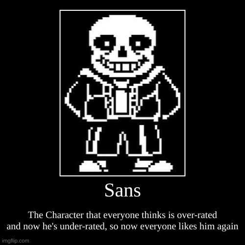 Sans | The Character that everyone thinks is over-rated and now he's under-rated, so now everyone likes him again | image tagged in funny,demotivationals | made w/ Imgflip demotivational maker