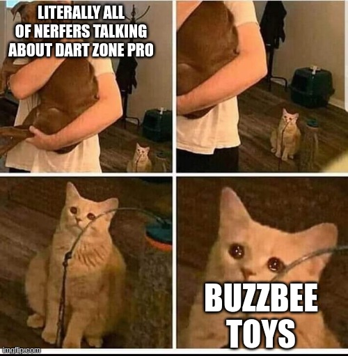 man holding dog but cat is sad | LITERALLY ALL OF NERFERS TALKING ABOUT DART ZONE PRO; BUZZBEE TOYS | image tagged in man holding dog but cat is sad | made w/ Imgflip meme maker