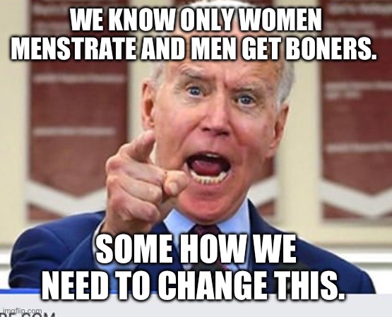 Joe Biden no malarkey | WE KNOW ONLY WOMEN MENSTRATE AND MEN GET BONERS. SOME HOW WE NEED TO CHANGE THIS. | image tagged in joe biden no malarkey | made w/ Imgflip meme maker