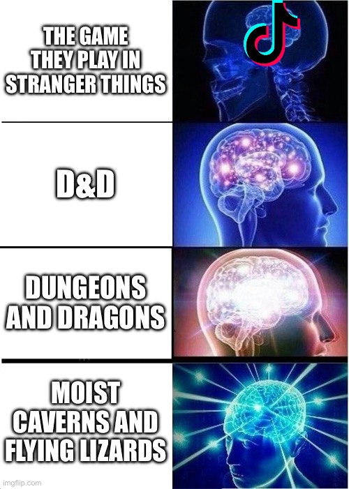 Dungeons and dragons expanding brain | THE GAME THEY PLAY IN STRANGER THINGS; D&D; DUNGEONS AND DRAGONS; MOIST CAVERNS AND FLYING LIZARDS | image tagged in memes,expanding brain,dungeons and dragons | made w/ Imgflip meme maker