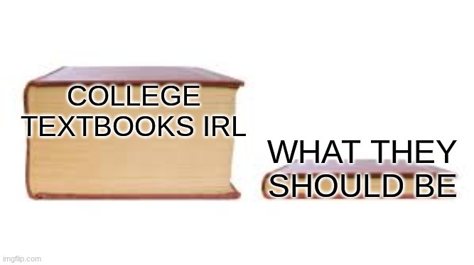Big book small book | COLLEGE TEXTBOOKS IRL; WHAT THEY SHOULD BE | image tagged in big book small book | made w/ Imgflip meme maker