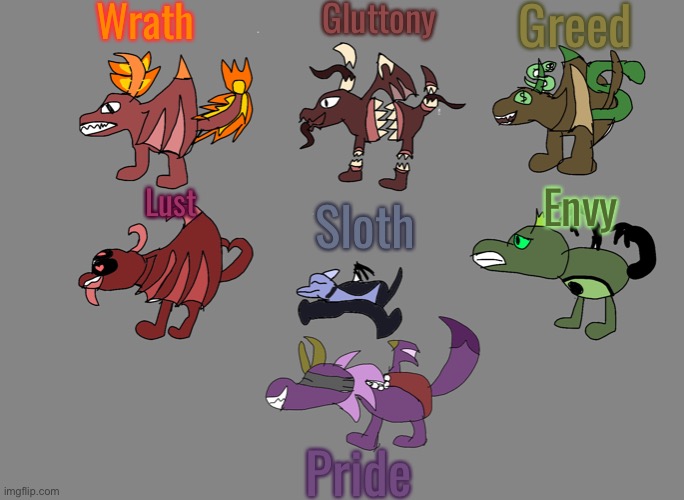 The 7 Deadly Sins as Dragons. | Wrath; Gluttony; Greed; Lust; Envy; Sloth; Pride | made w/ Imgflip meme maker