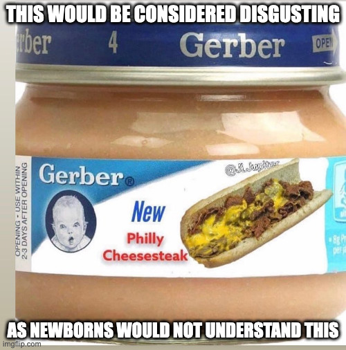 Philly Cheesesteak Baby Food | THIS WOULD BE CONSIDERED DISGUSTING; AS NEWBORNS WOULD NOT UNDERSTAND THIS | image tagged in food,memes | made w/ Imgflip meme maker